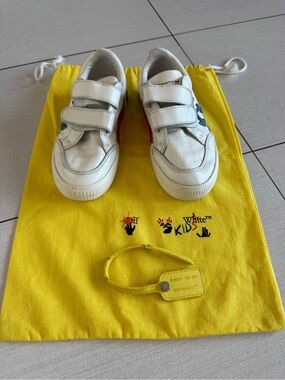 Boys Off-White Kids White Leather Velcro Sneakers with Blue Detail 13